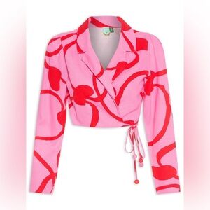 BNWT Farm Rio Cropped Maxi Blazer, Pink Floral, 70% Vicose, 30% Linen, Sz Small